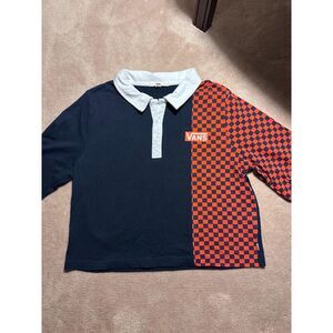 Vans Checkerboard Long Sleeve Rugby Polo Navy Red Size L
